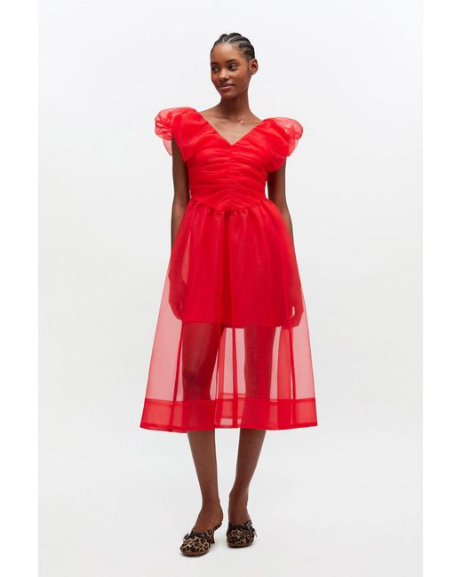 Ganni Red Organza Ruched Dress