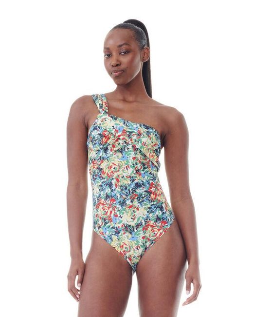 Ganni Multicolor Recycled Printed Gathered Asymmetric Swimsuit
