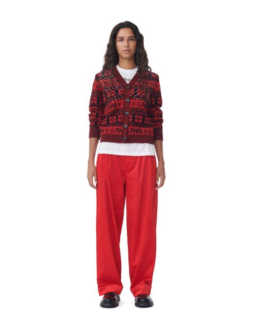 Ganni Red Shiny Corduroy Loose Pleat Trousers
