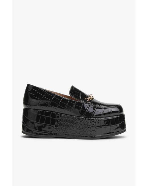 Ganni Black Patent Croco Butterfly Chain Platform Loafers