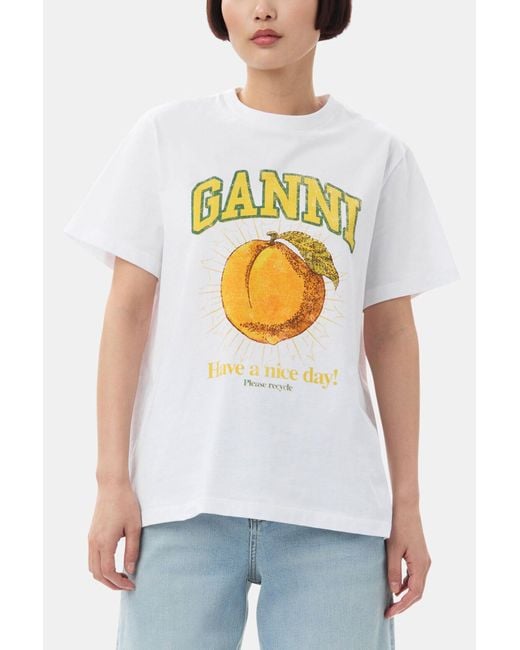 Ganni White Peach Print Organic Cotton T-Shirt
