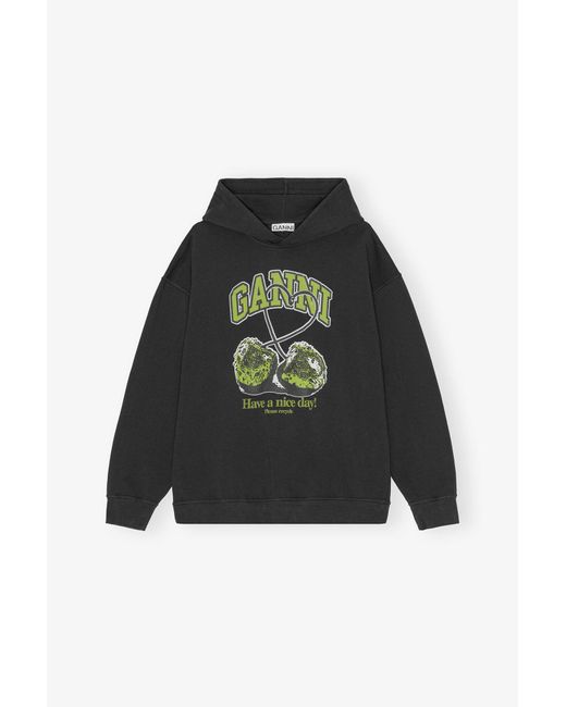 Ganni Black Isoli Cherries Oversized Hoodie Organic Cotton