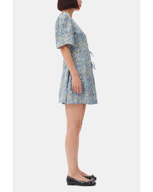Ganni Blue Floral Printed Crinkled Satin Mini Wrap Dress