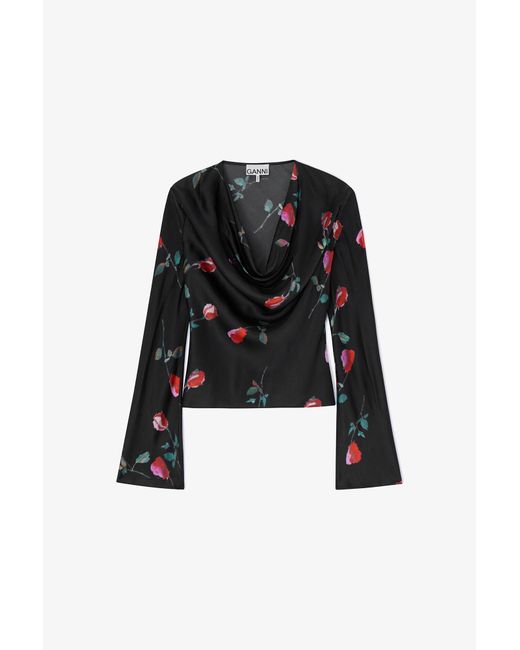 Ganni Black Printed Satin Blouse