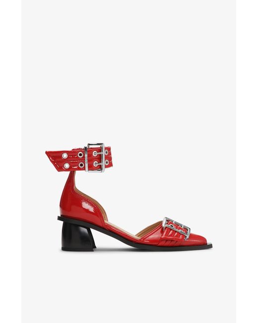 Ganni Red Feminine Buckle Open Cut Pumps
