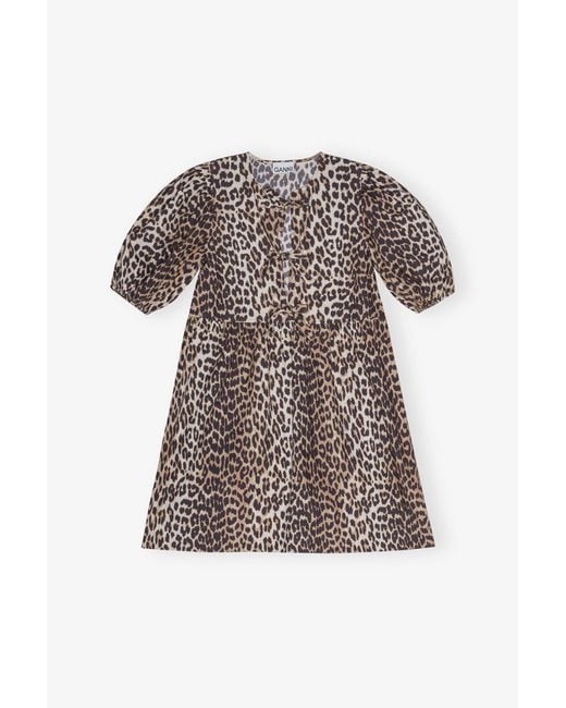 Ganni Natural Leopard Printed Cotton Tie String Mini Dress