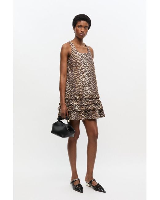 Ganni Natural Leopard Cotton Poplin Mini Dress