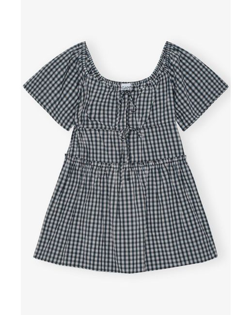 Ganni Blue Seersucker Check Mini Layer Dress
