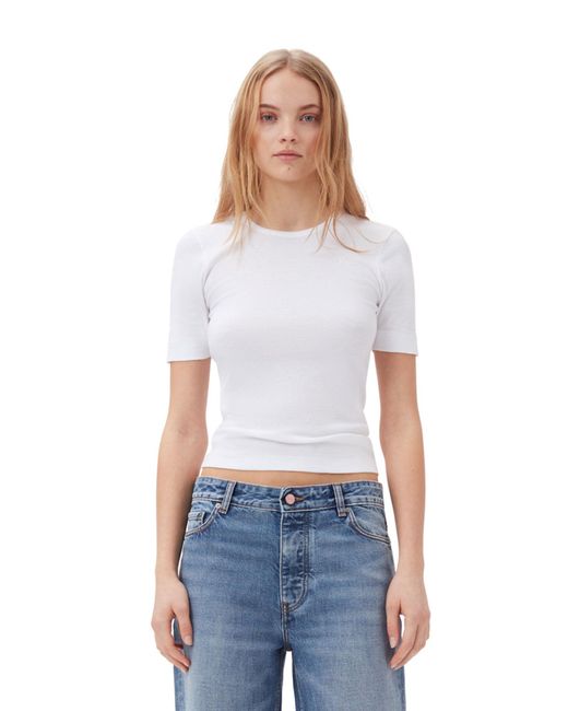 Ganni White Soft Cotton Rib Short Sleeve T-Shirt