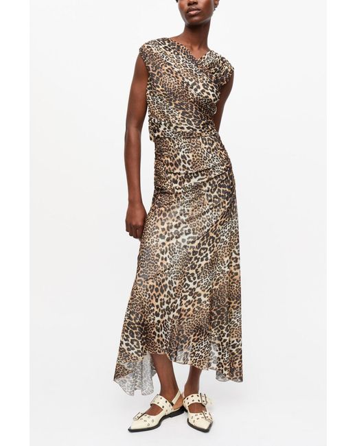 Ganni Natural Leopard Marl Mesh Long Ruched Crossover Dress Polyester