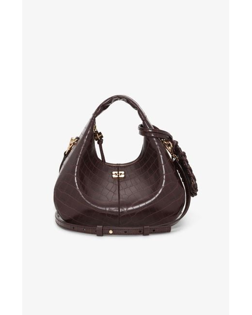 Ganni Brown Croco Mini Hobo Bag