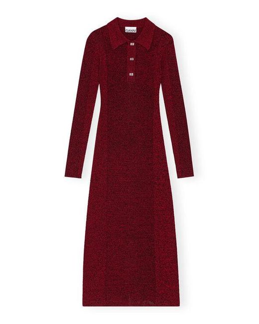 Ganni High Risk Red Red Melange Rib Polo Dress Size Xs Elastane/polyamide/rayon