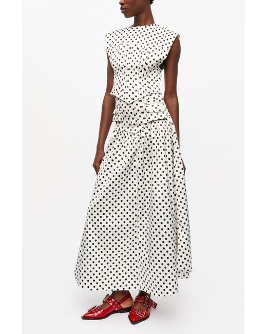 Ganni White Polka-Dot Double Satin Long Pocket Skirt