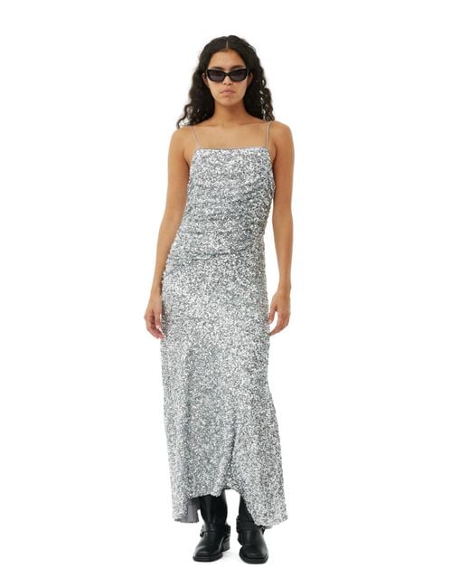 Ganni Metallic 3D Sequins Long Slip Kleid