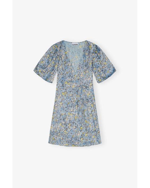 Ganni Blue Floral Printed Crinkled Satin Mini Wrap Dress
