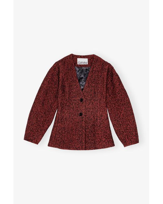 Ganni Red Herringbone Wool Curve Sleeve Blazer