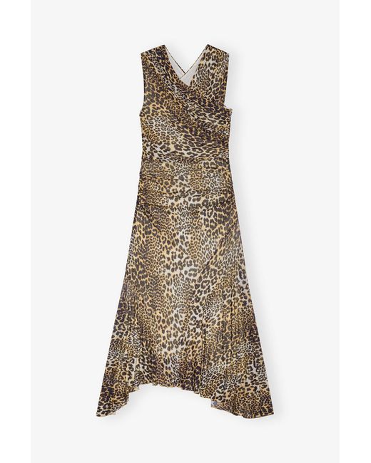 Ganni Natural Leopard Marl Mesh Long Ruched Crossover Dress Polyester