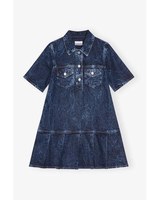 Ganni Blue Mid Stone Denim Crinkled Future Mini Dress