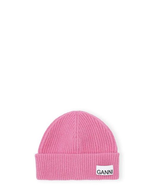 Ganni Gray Pink Fitted Wool Rib Knit Beanie