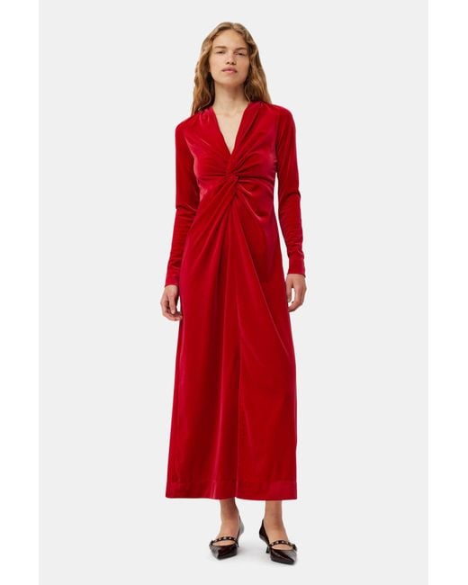 Ganni Red Twisted Velvet Maxi Dress