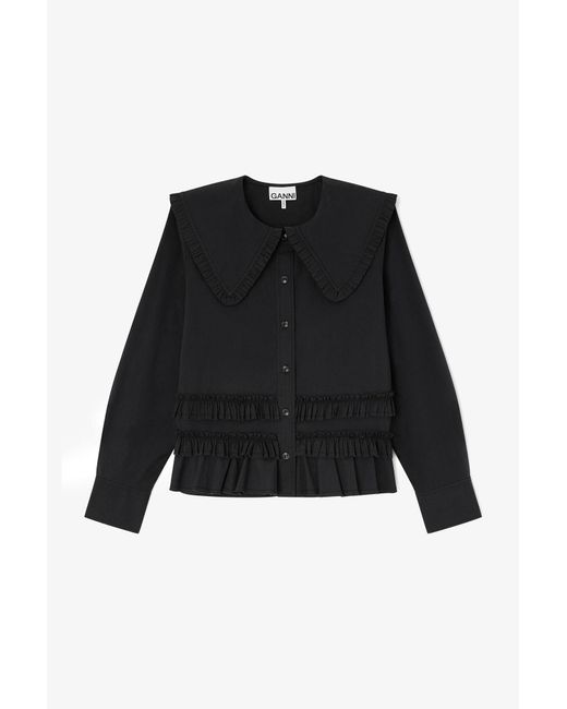 Ganni Black Stretch Cotton Ruffle Shirt