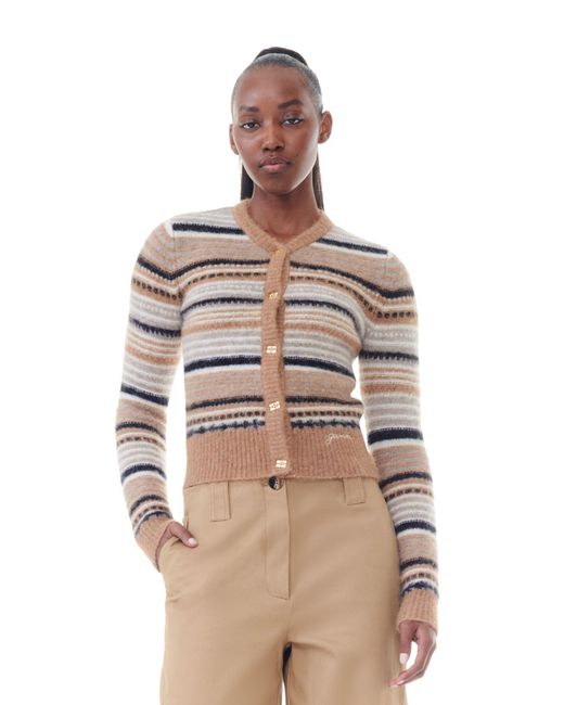 Cardigan Brown Striped Soft Wool Ganni en coloris Natural
