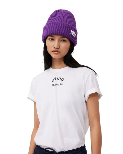 Ganni White Purple Oversized Wool Rib Knit Beanie