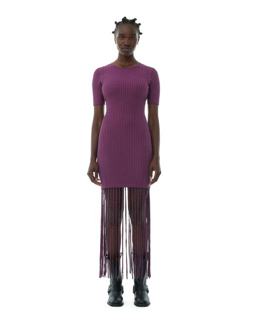 Ganni Purple Melange Knit Fringe Short Sleeve Mini Kleid