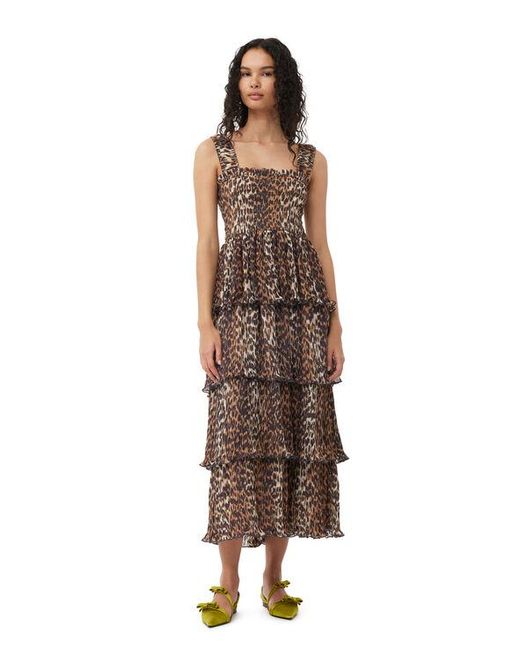 Ganni Brown Almond Milk Leopard Pleated Georgette Flounce Smock Midi Dress Size 4 Recycled Polyester