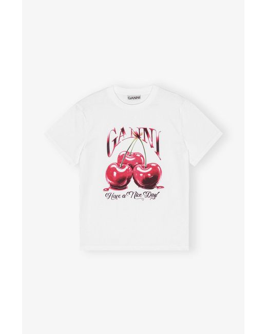 Ganni White Basic Jersey Cherry Relaxed T-shirt