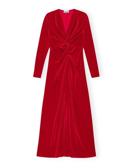 Ganni Savvy Red Red Velvet Jersey Twist Long Dress Size 4 Recycled Polyester/spandex