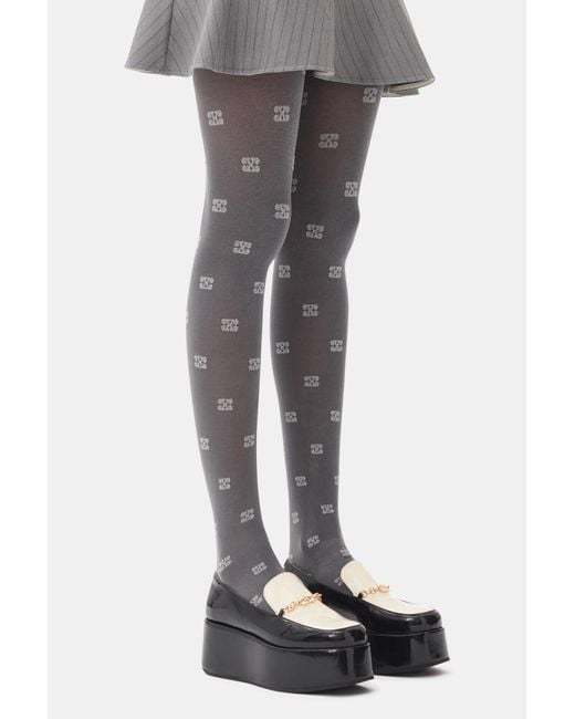 Ganni Black Grey Glitter Butterfly Lace Tights