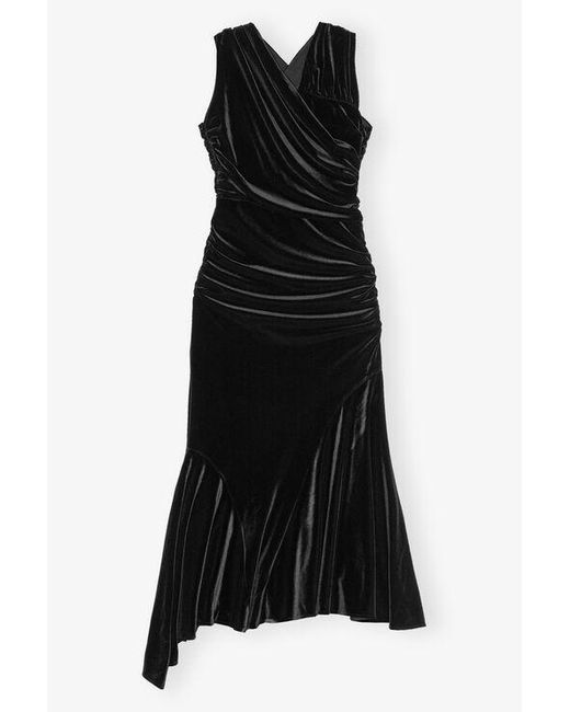 Ganni Black Velvet Ruched Dress