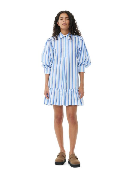 Ganni Blue Striped Cotton Mini Shirt Kleid