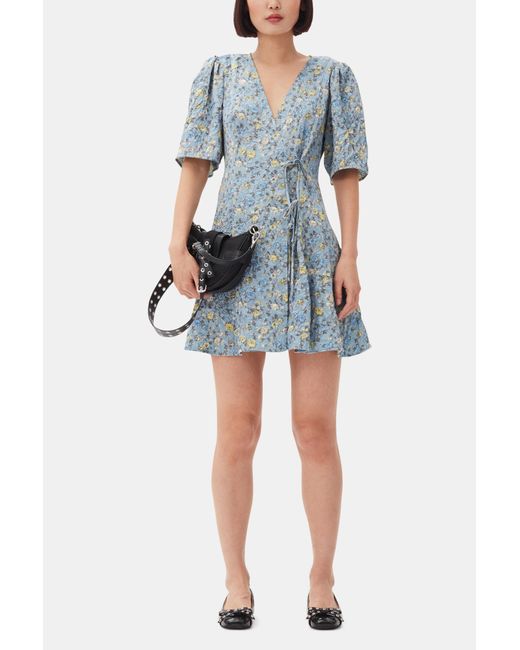 Ganni Blue Floral Printed Crinkled Satin Mini Wrap Dress