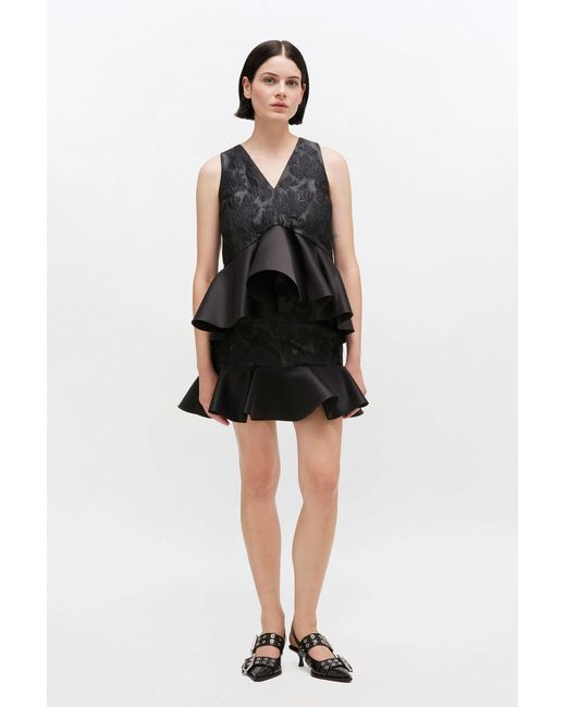 Ganni Black Satin Cloque Peplum Top