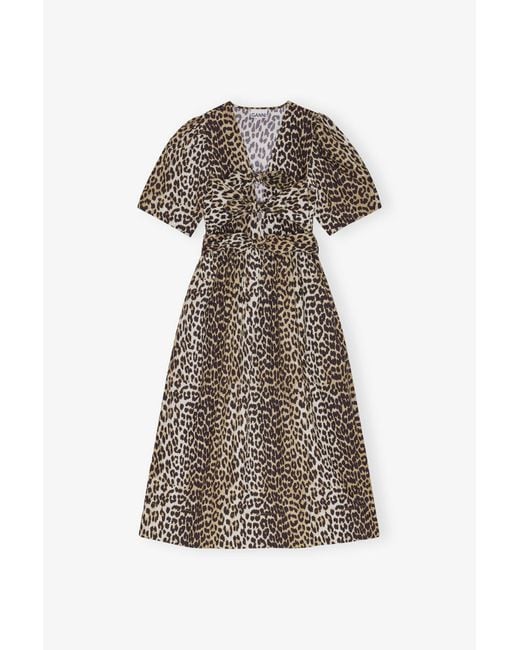 Ganni Natural Leopard Printed Cotton Tie Strap Midi Dress