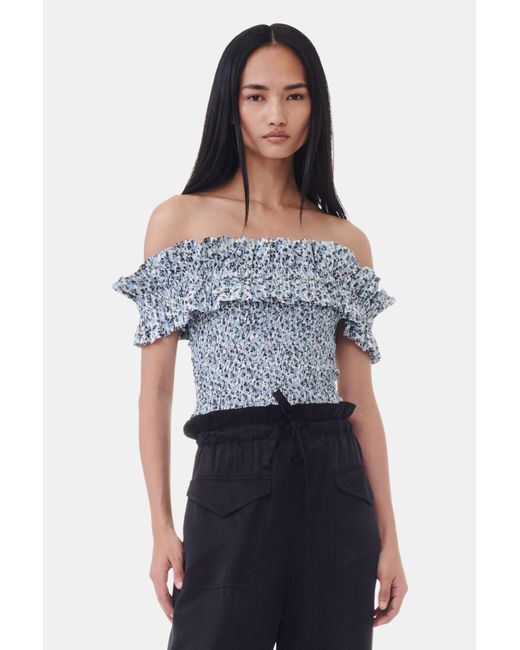 Ganni Blue Floral Printed Cotton Off-Shoulder Smock Top