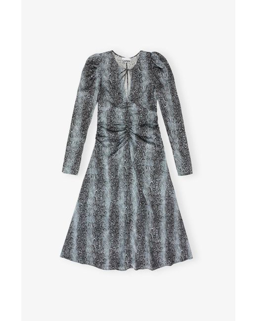 Ganni Blue Snake Print Ruched Midi Dress