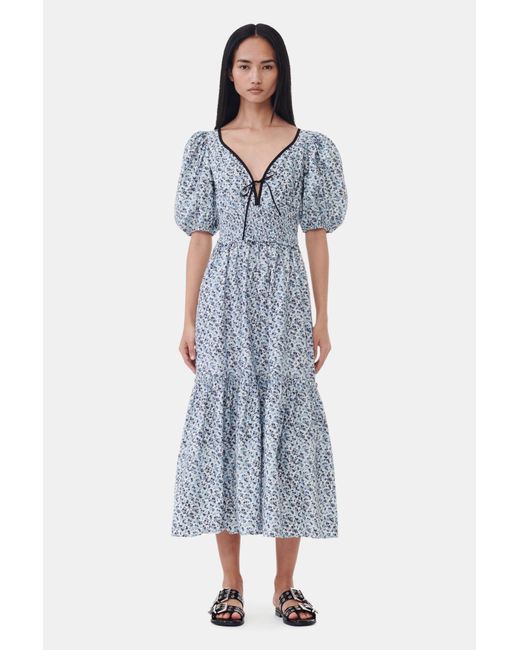 Ganni Blue Floral Printed Cotton Maxi Smock Dress