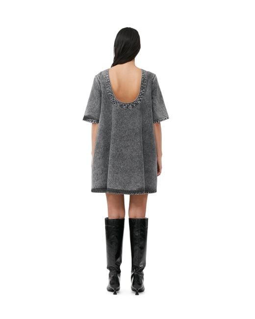 Ganni Black Short Sleeve Snow Washed Denim A-line Mini Dress
