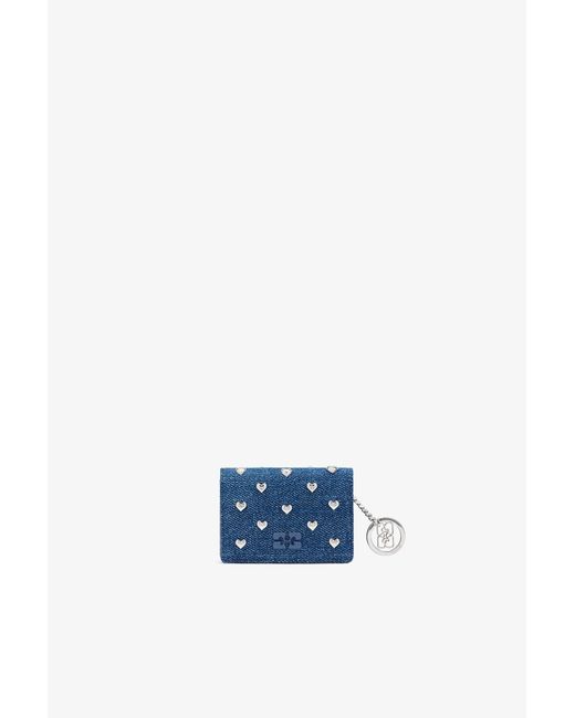 Ganni Blue Bou Card Holder With Flap Heart Studs