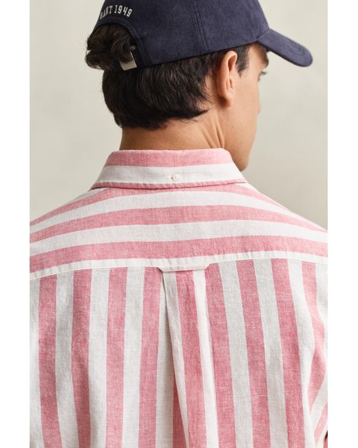 Gant Red Striped Linen Blend Short Sleeve Shirt for men