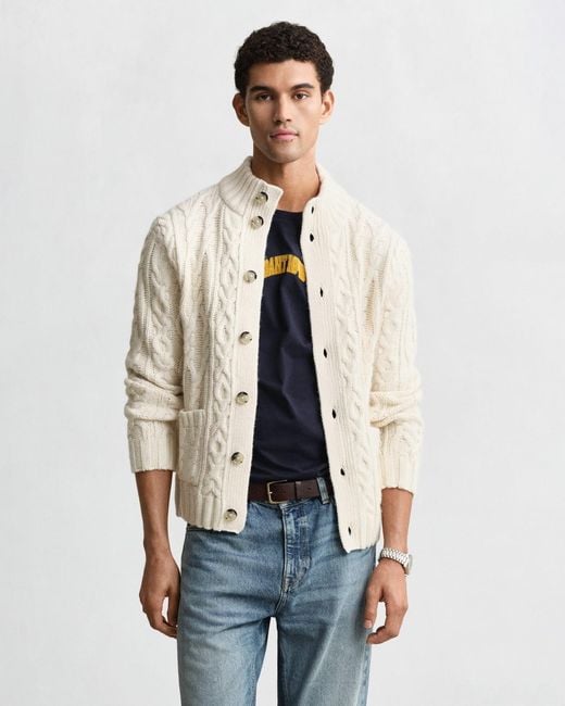Gant White Cable Knit Cardigan Cream for men