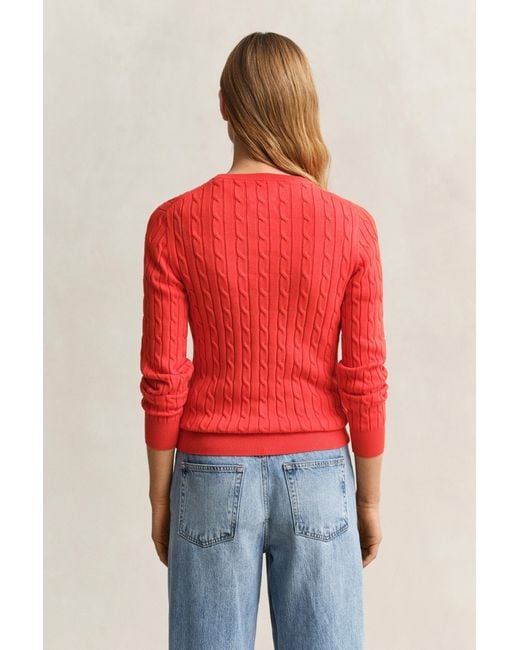 Gant Red Stretch Cotton Cable Knit Crew Neck Sweater