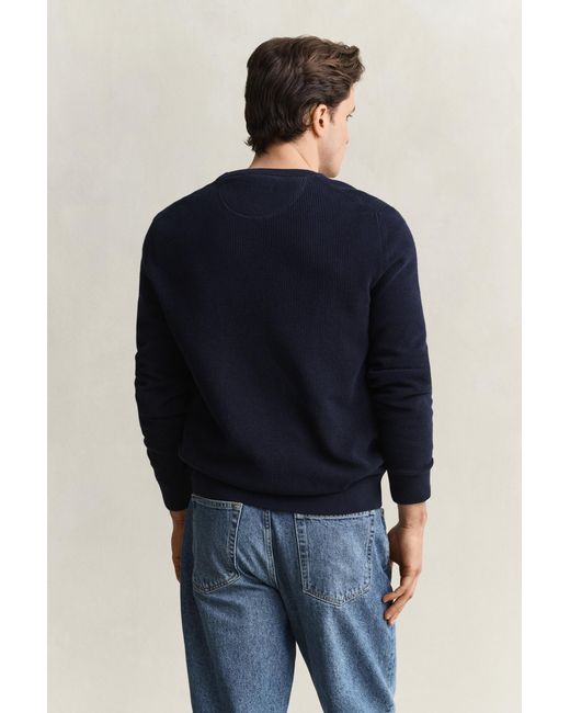 Gant Blue Textured Cotton Crew Neck Sweater Evening for men
