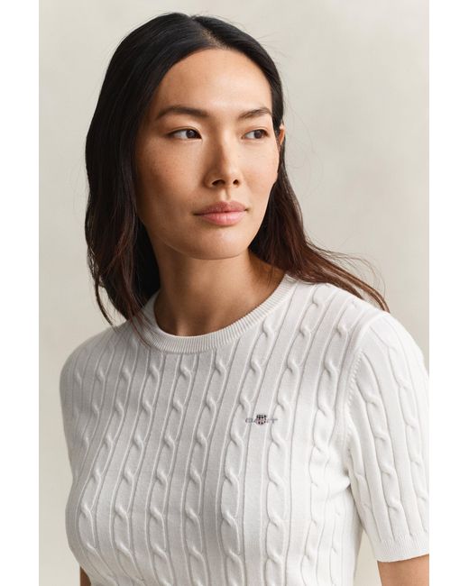 Gant White Stretch Cotton Cable Knit Sweater