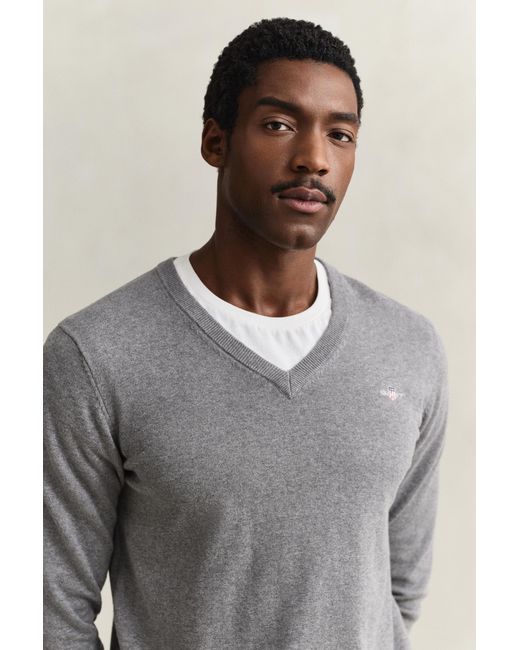 Gant Gray Classic Cotton V-Neck Sweater for men