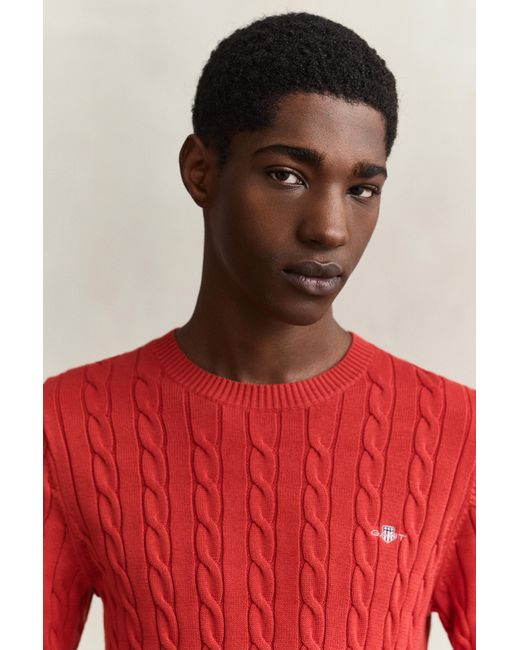 Gant Red Cotton Cable Knit Crew Neck Sweater for men
