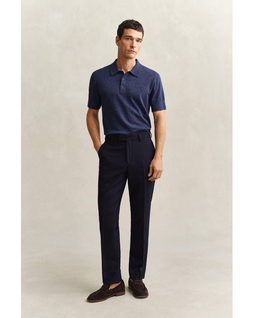 Gant Blue Slub Cotton Blend Short Sleeve Polo Sweater Dark Melange for men